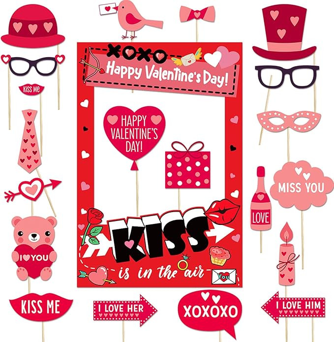 Valentines Day Photo Props Kit, 20PCS Romantic Photo Props with Large Photo Frame, Lovers Selfie ... | Amazon (US)