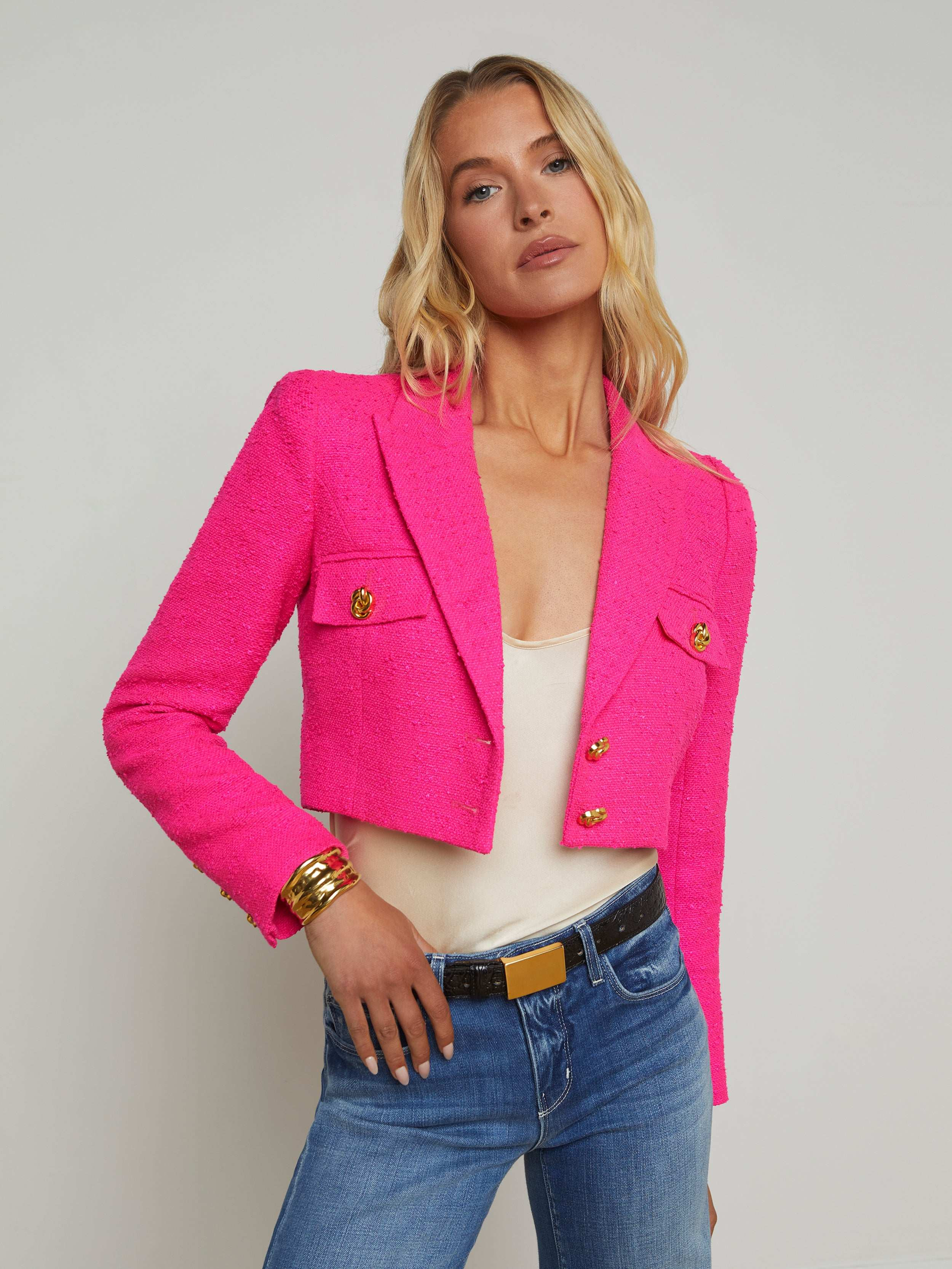 L'AGENCE - Maura Cropped Tweed Jacket in Pink Glo | L'Agence