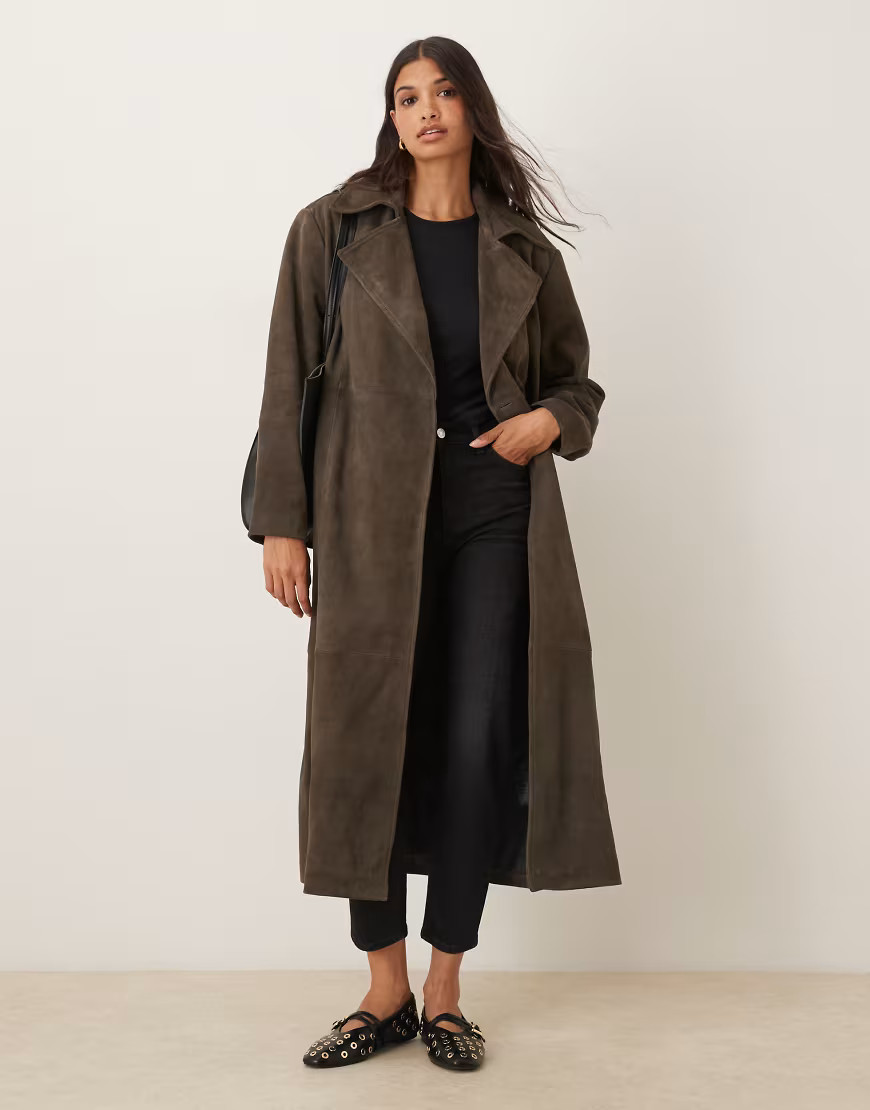 ASOS DESIGN premium suede trench coat in dark olive-Green | ASOS (Global)