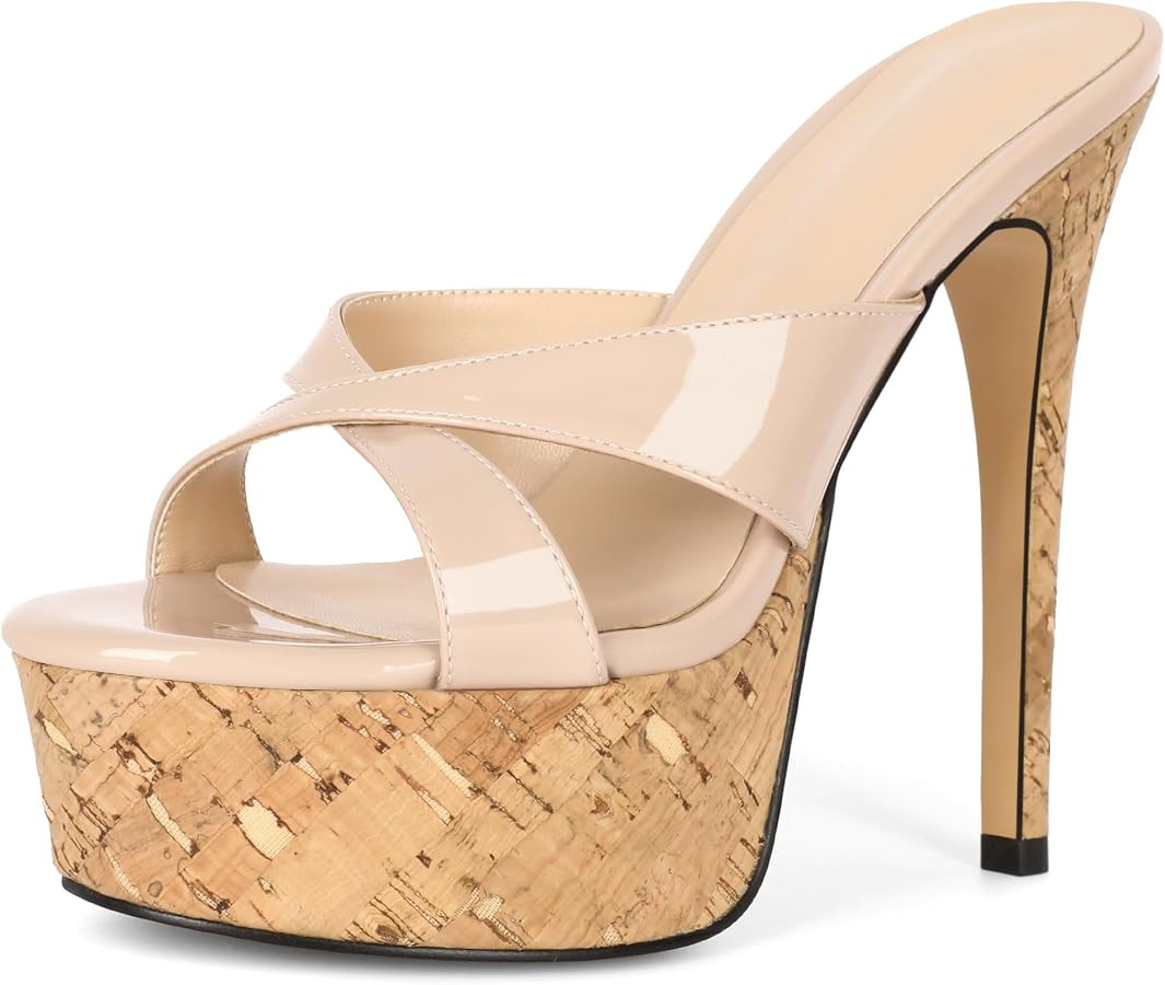 Esvowido Heeled Mules for Women Cork Platform Stiletto Heels Slip on Open Toe High Heeled Sandals... | Amazon (US)