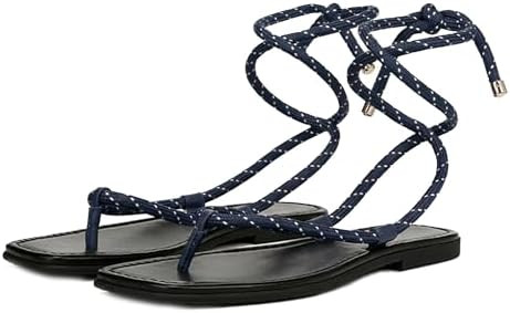 Rope Flat Sandals for Women Strappy Lace Up Square Open Toe Thong Sandals Comfortable Summer Beac... | Amazon (US)