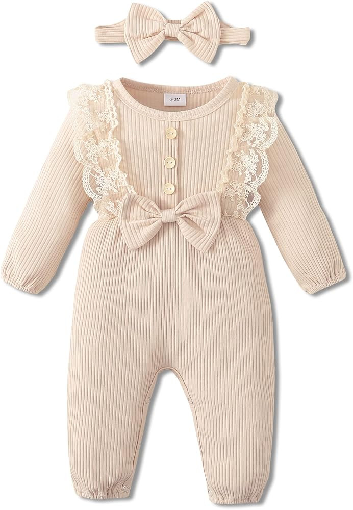 SOLOYEE 2PCS Newborn Baby Girl Romper 0-18M Summer Outfits Clothes, Ruffle Sleeve Jumpsuit Bodysuit  | Amazon (US)