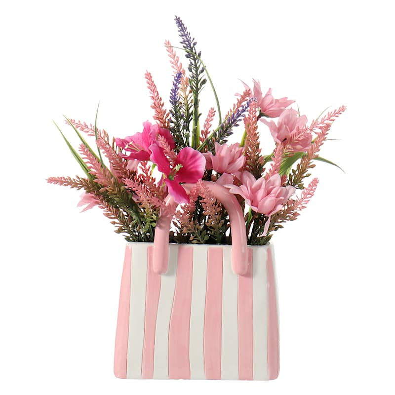 Pink & White Floral Arrangement in Striped Handbag, 12" | At Home