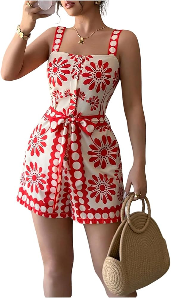 SOLY HUX Women's Boho Print Wide Leg Short Jumpsuits Summer Square Neck Belted Vacation Romper | Amazon (US)