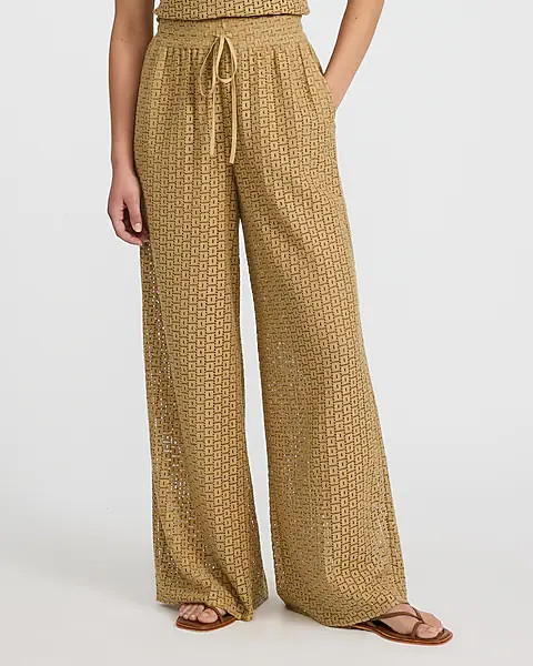 Crochet High Waisted Pull On Drawstring Wide Leg Pant | Express