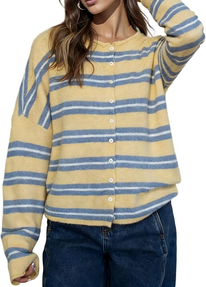 Women Knitted Cardigan Sweaters Long Sleeve Button Down Loose Knitwear Tops Y2k Vintage Jumper Kn... | Amazon (US)