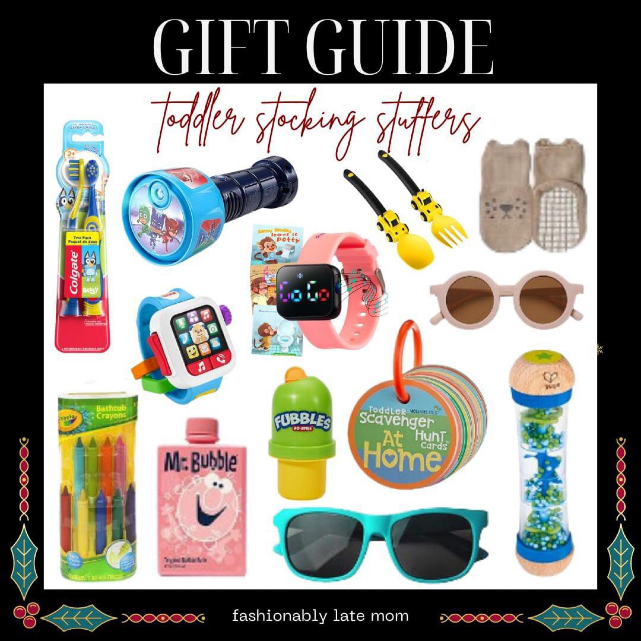 Toddler stocking stuffers. 

Fashionably Late Mom. 
Gift guide for toddlers. 
Gift Inspiration for the babies/toddlers  