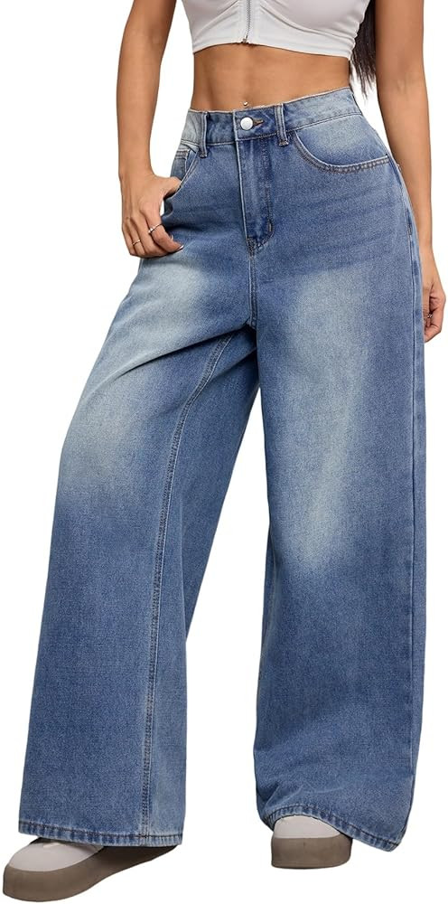 Womens Baggy Jeans Wide Leg Denim Pants Y2k 90s Vintage Hip Hop Loose Long Trousers Streetwear | Amazon (US)