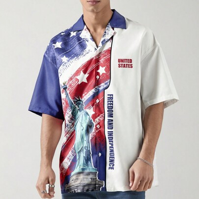 Men's USA Shirt,Fashionable Colorblock Woven Casual Shirt With USA Flag Design, Printed Short Sleeve Summer Usa Top,Lightweight And Breathable Summer | SHEIN