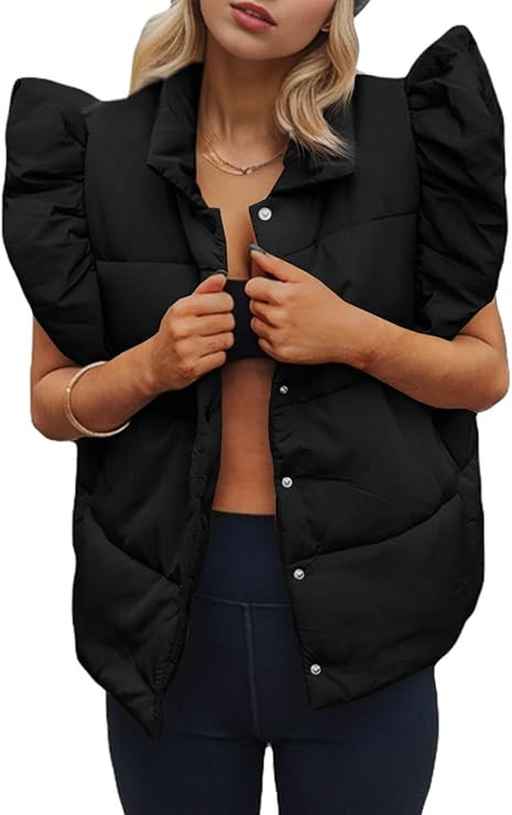 Tankaneo Womens Puffer Vest Ruffle Sleeveless Button Down Winter Warm Padded Gilet Coats | Amazon (US)