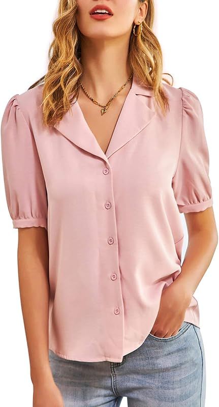 Womens Button Down Shirts Business Casual Blouse V Neck Work Tops for Summer 1/2 Short Puff Sleev... | Amazon (US)