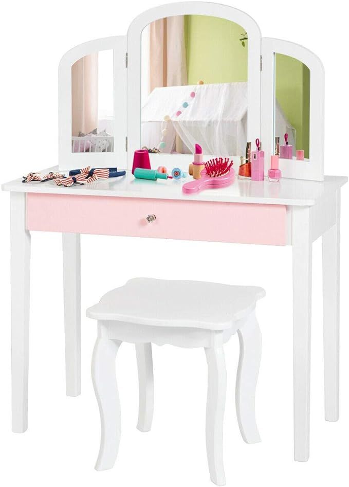 Costzon Kids Vanity Table, Princess Makeup Dressing Table with Drawer & Tri-Folding Mirror, 2-in-... | Amazon (US)