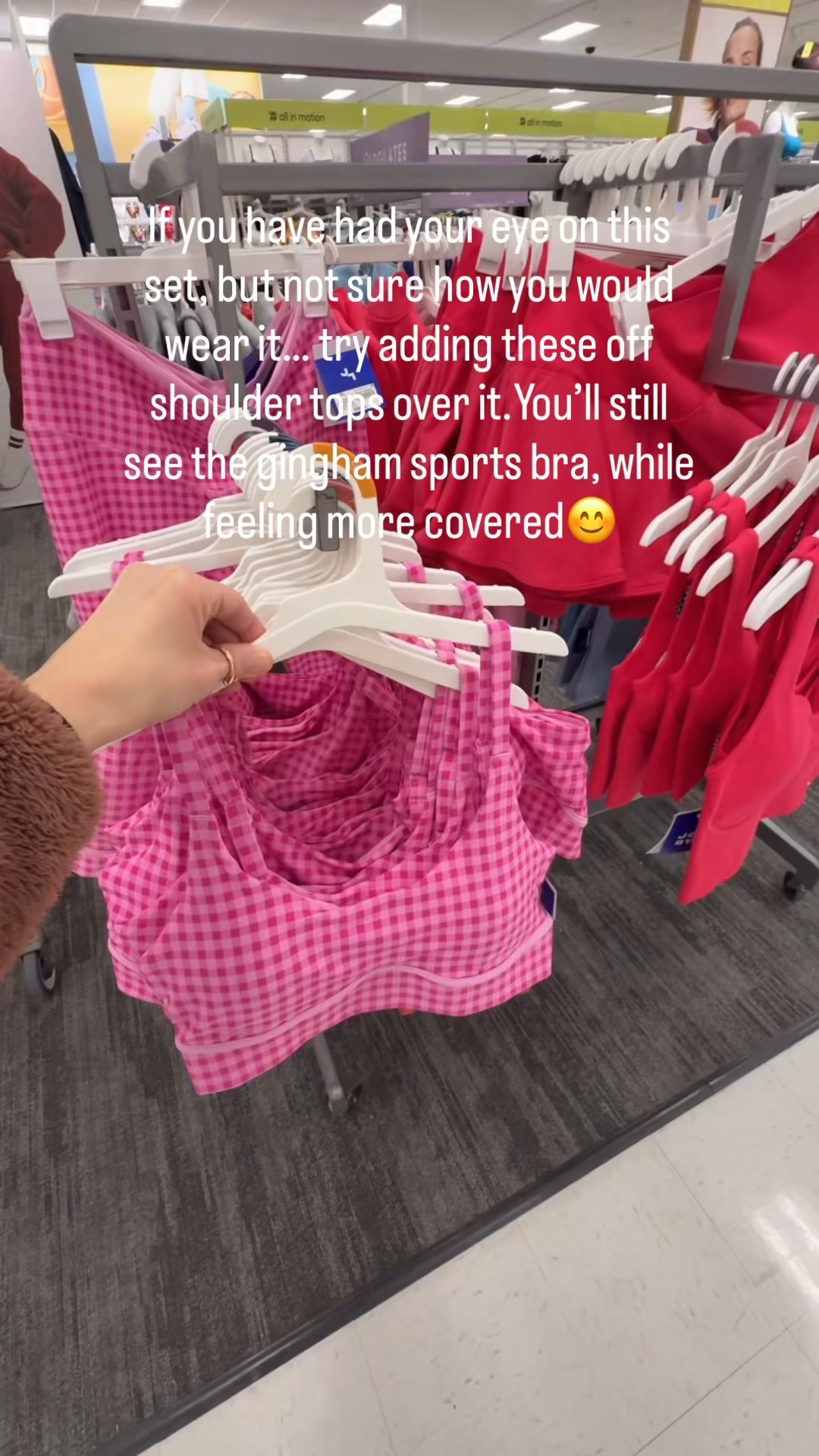 If you love a cute matching sports bra top and leggings set, but want a more modest option then add an off shoulder top or zip up hoodie over it! That way you can still see that gingham top peek through. 

Hope that helps! This is how I wear sets♥️

Gingham sports bra and gingham leggings

Target activewear

#LTKFindsUnder50 #LTKFindsUnder100 #LTKActive