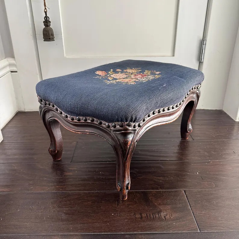 Vintage French Provincial Wood Foot Stool with Dark Blue and Floral Needlepoint Upholstered Cushi... | Etsy (Global)