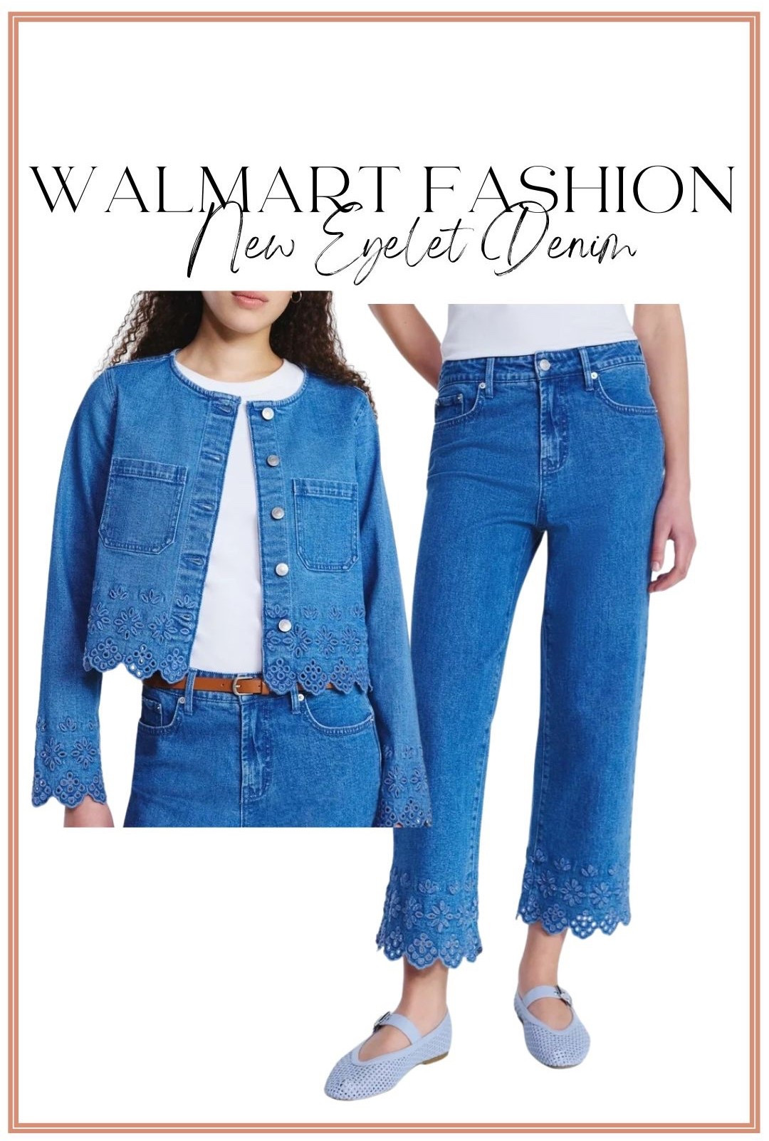 Okay but this eyelet denim might be my favorite Walmart drop yet 😍💙

The scalloped eyelet hem detail on both the jacket AND the cropped wide leg jeans is everything. Feminine, elevated, and such a fun twist on classic denim.

Style it:
• as a full matching denim set
• with a white tank + flats
• layered over a spring dress
• with ballet flats for that effortless look

Walmart spring fashion keeps giving boutique vibes at affordable prices and I am here for it.

#WalmartStyle #WalmartFashionFinds #EyeletDenim #DenimOutfit #SpringDenim #AffordableStyle #WalmartNewArrivals #WideLegJeans #FeminineStyle #BudgetFashion