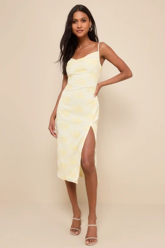 Lovely Existence Light Yellow Embroidered Cowl Neck Midi Dress | Lulus