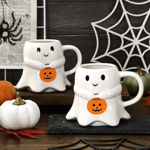 JarThenaAMCS 2Pcs 15oz Halloween Ghost Shape Mug White Ghost Pumpkin Coffee Mug Cute Boo Ceramic Drinking Cup for Halloween Party Supplies Table Centerpieces | Amazon (US)
