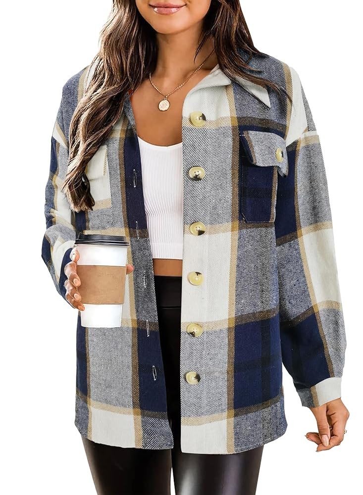 HOTOUCH Womens Flannel Plaid Shacket Jacket Button Down Tartan Trench with Pocket Long Sleeve Cro... | Amazon (US)