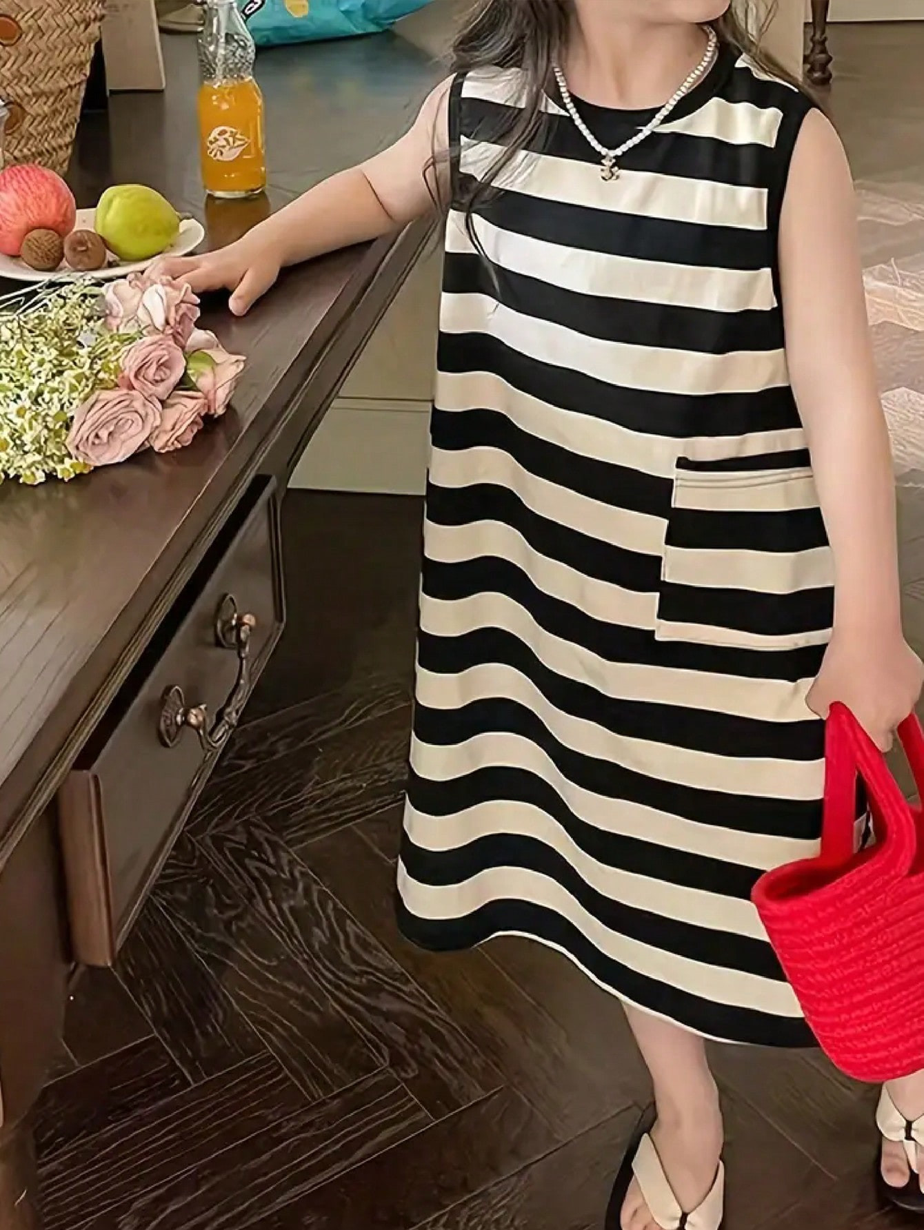 TrendsYoung Girl Summer Black And White Color Holiday Sleeveless Dress | SHEIN