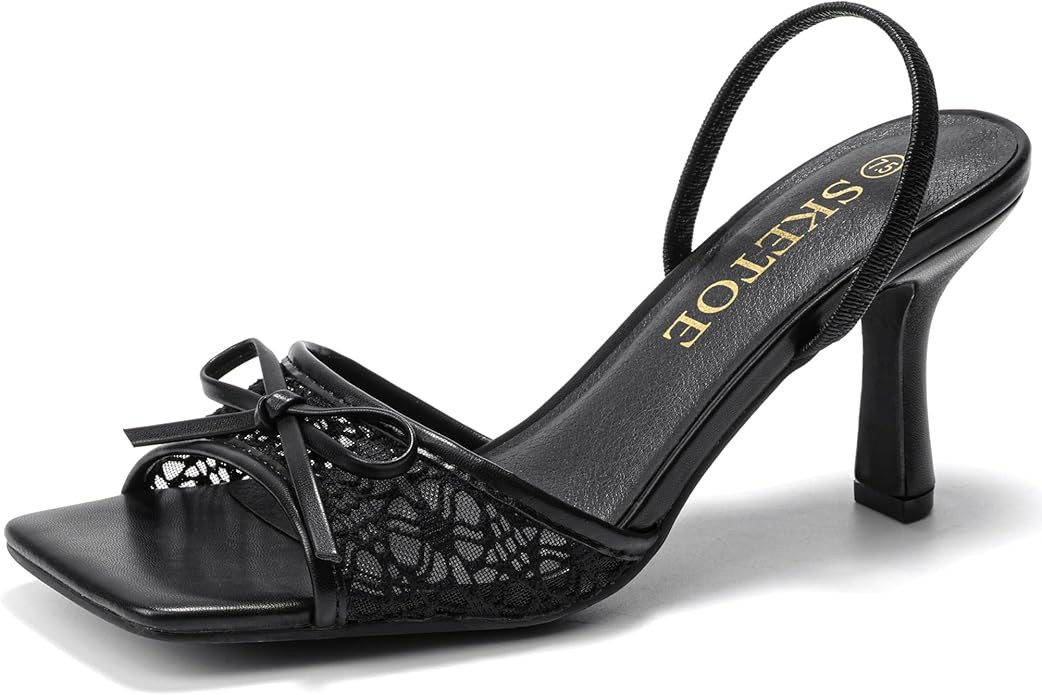 Kitten Heels for Women Square Toe Mesh Sandals Bow Knots Heels Open Toe Sandals for Women Comfort... | Amazon (US)