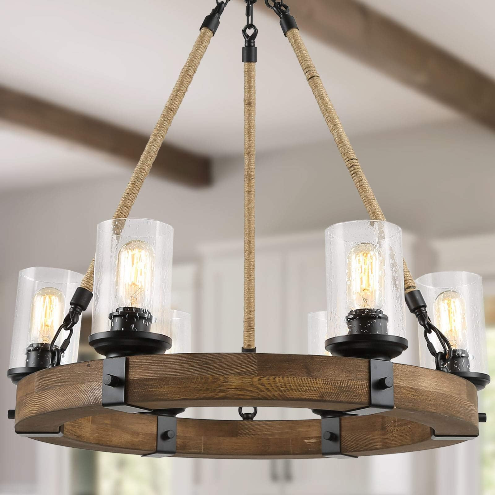 Anmytek C0008 Round Wooden Chandelier with Seeded Glass Shade Rope and Metal Pendant Six Decorative  | Amazon (US)