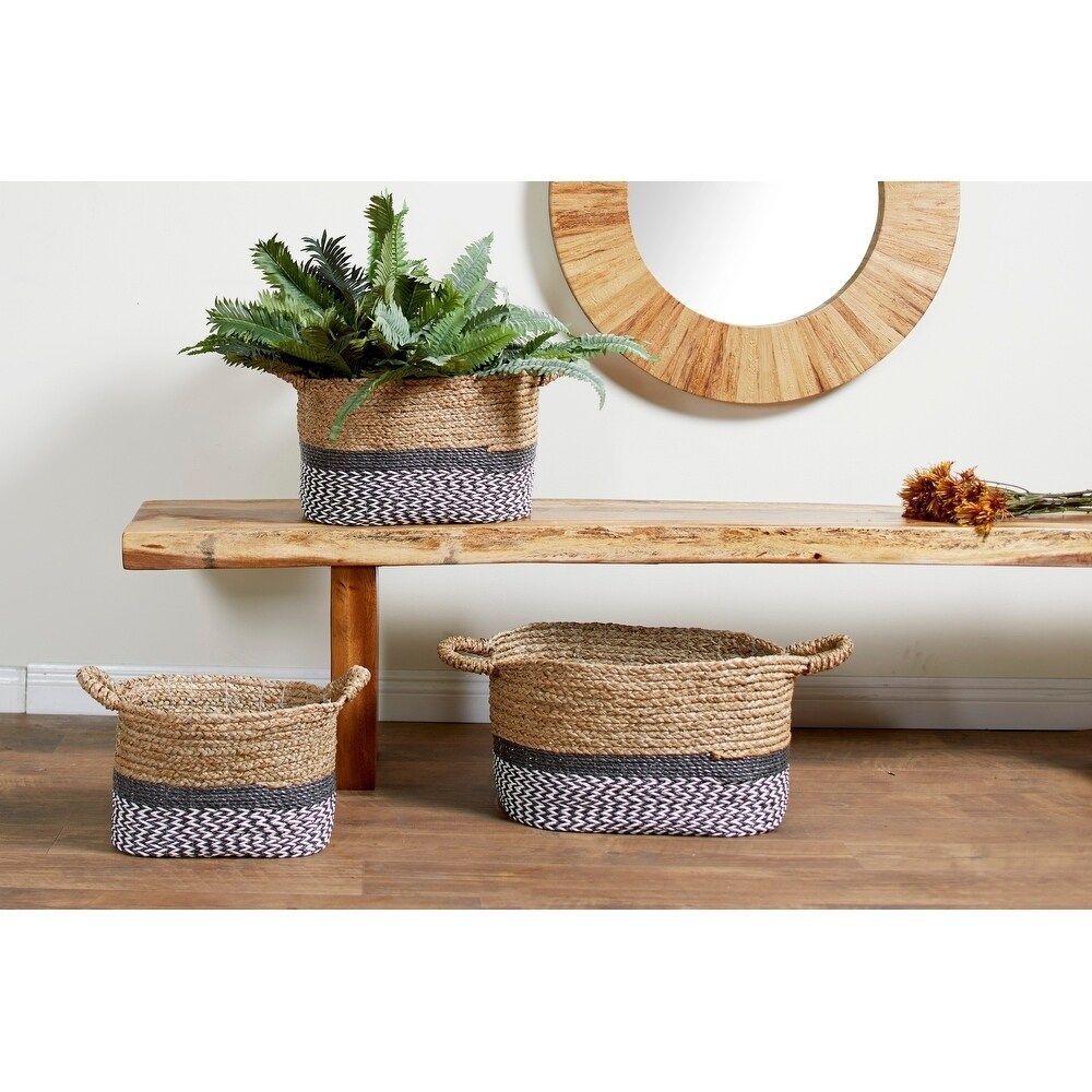 Studio 350 Gray & White Checkered w/ Natural Mendong Grass Oval Storage Baskets (Set of 3) | Bed Bath & Beyond