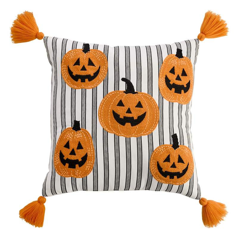 Black & White Striped Pumpkin Embroidered Throw Pillow, 18" | At Home