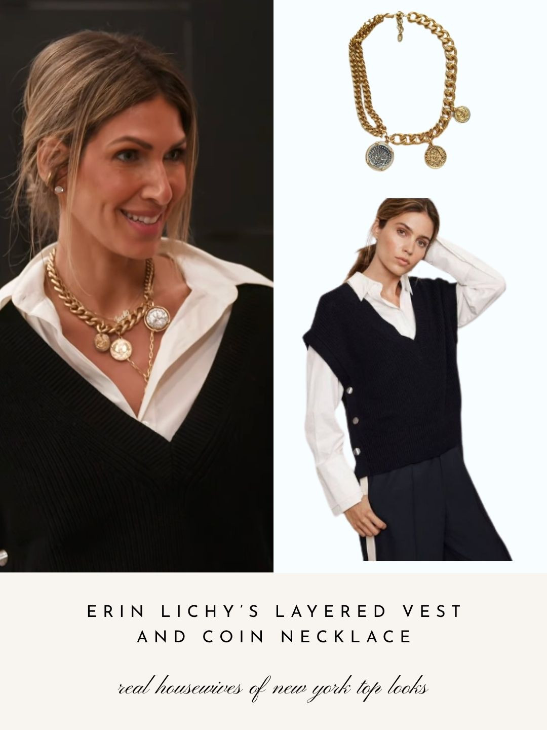 Erin Lichy's Coin Necklace // Her Sweater Vest is sold out by Mint Velvet 

 