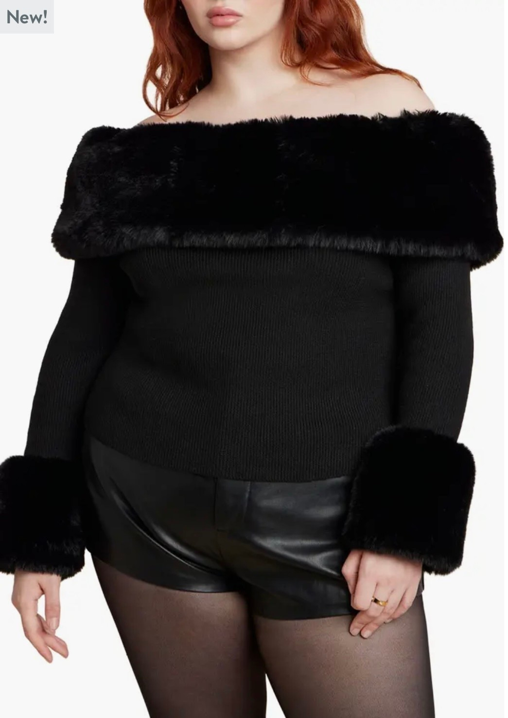 Black faux fur off the shoulder sweater 

#LTKPlusSize