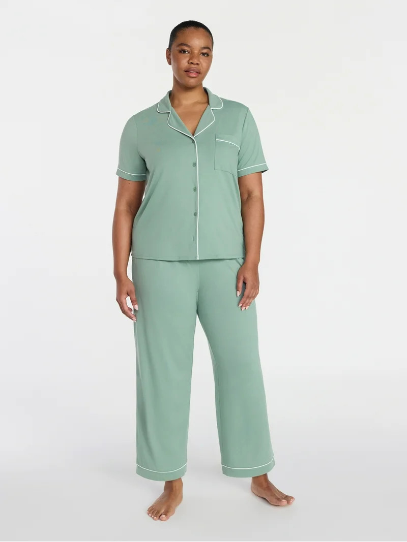 Joyspun Women's Dreamy Soft Collection Notch Knit Top and Capri Pants Pajama Set, 2-Piece, Sizes ... | Walmart (US)