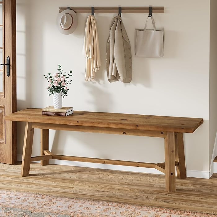 55" Solid Wood Bench, Farmhouse Long Bench Seat for Entryway, Dining Room, Living Room, Solid Woo... | Amazon (US)