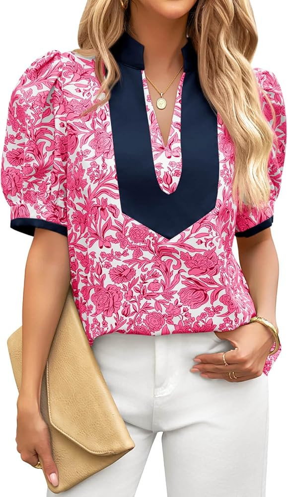 Cicy Bell Womens Floral Short Puff Sleeve Tops V Neck Patchwork Boho Summer Blouses Dressy Casual... | Amazon (US)