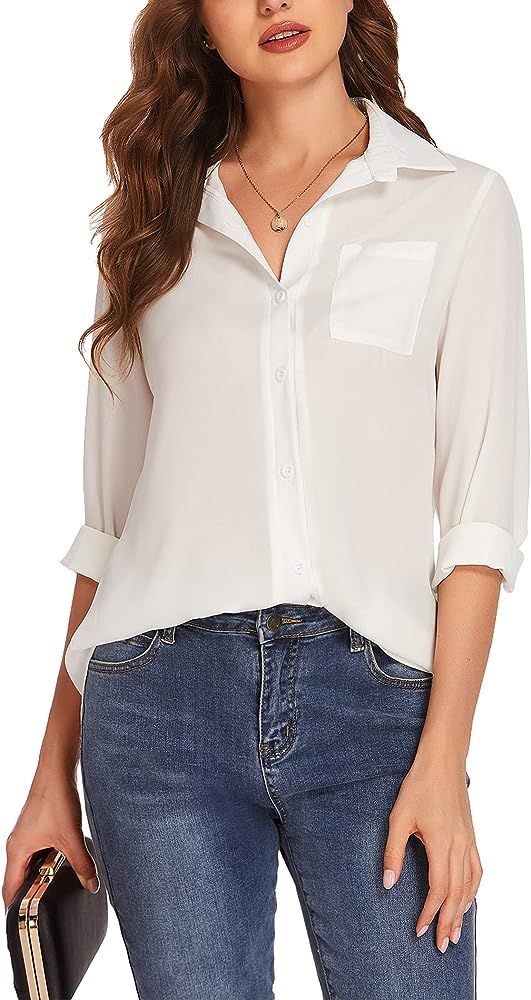 Hotouch Women Button Down Shirts with Pockets Long Sleeve Office Blouses Casual Business Tops Slim F | Amazon (US)