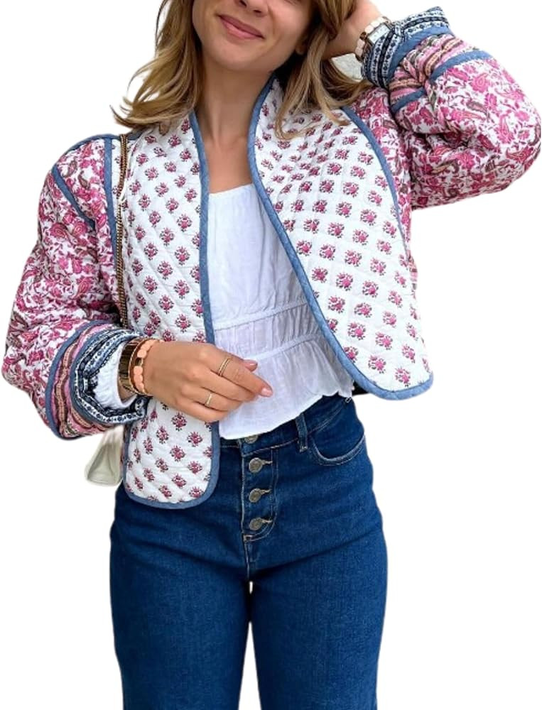 Womens Cropped Quilted Lightweight Jackets Floral Printed Open Front Puffer Coat Cardigan | Amazon (US)