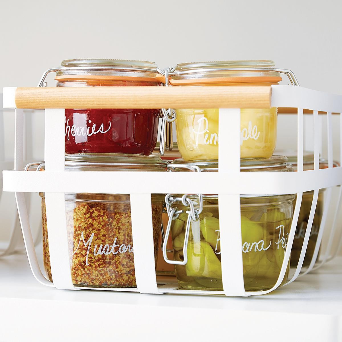 Yamazaki Tosca Basket w/ Wooden Handles White/Natural | The Container Store