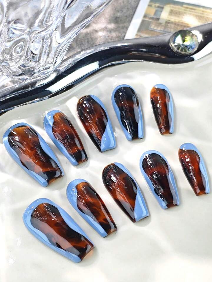 10pcs Handmade Leopard Printed Square Full Cover Nail Stickers, Medium Length, Blue & Brown, Simp... | SHEIN