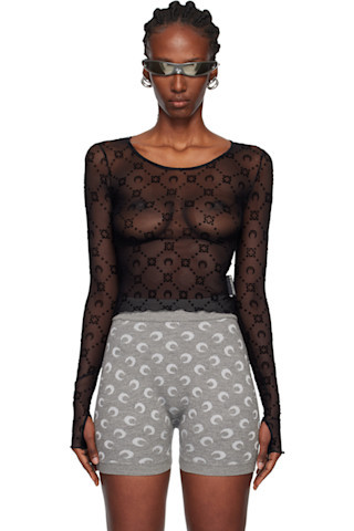 Black Moonogram Mesh Flock LS Cropped Top | SSENSE