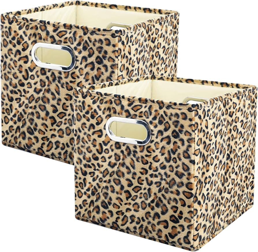 ANMINY 2PCS Storage Cubes Set Leopard Print Large Plush Fabric Storage Bins Boxes Baskets with Ha... | Amazon (US)