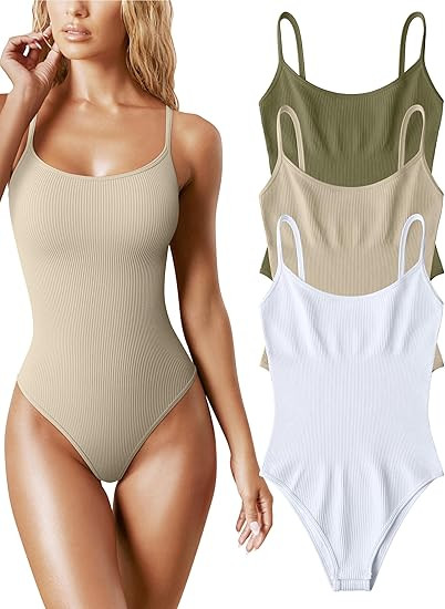 OQQ Women's 3 Piece Bodysuits Sexy Ribbed Sleeveless Adjustable Spaghetti Strips Tops Leotard 202... | Amazon (US)