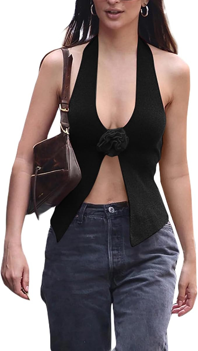 Yoawdats Women's Floral Halter Tops Slit Hem Backless Shirt Sleeveless Crop Cami Streetwear Summe... | Amazon (US)