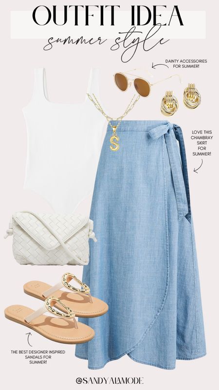 Elevated casual summer outfit idea | hot weather style | chambray midi skirt | how to style a chambray skirt for summer | designer inspired sandals | 

#LTKFindsUnder100 #LTKSeasonal #LTKStyleTip