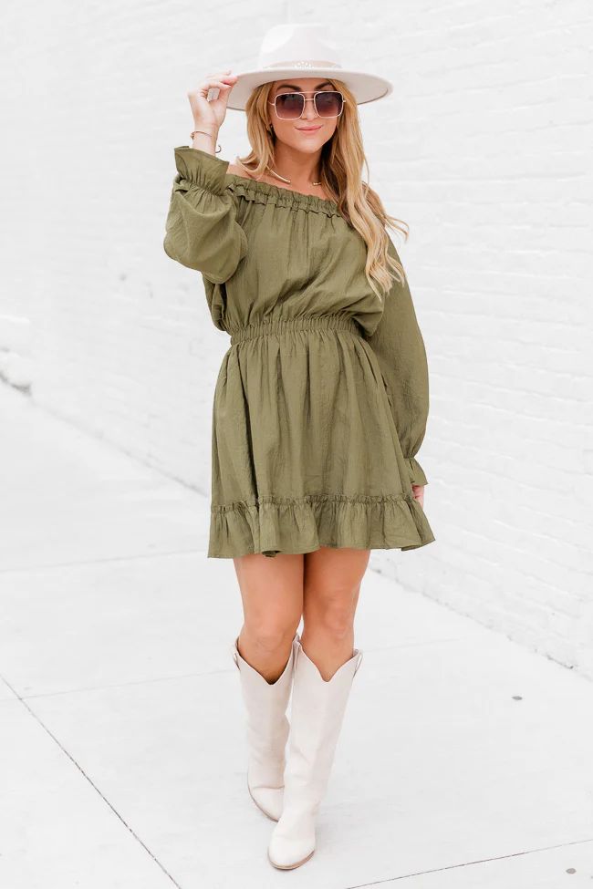 Keep It Classy Olive Off The Shoulder Long Sleeve Romper | Pink Lily