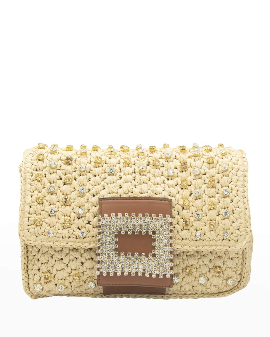 Gedebe Mia Crystal Buckle Raffia Clutch Bag | Neiman Marcus