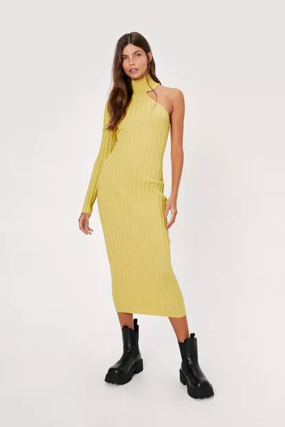 One Shoulder Wide Ribbed Knitted Midi Dress | Nasty Gal (US)