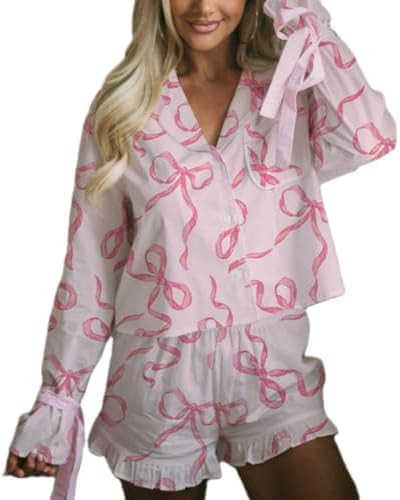 Sastianaen Women Valentine's Day Pajama Set Bow Tie Long Sleeve Shirt and Ruffle Shorts Cute Prin... | Amazon (US)