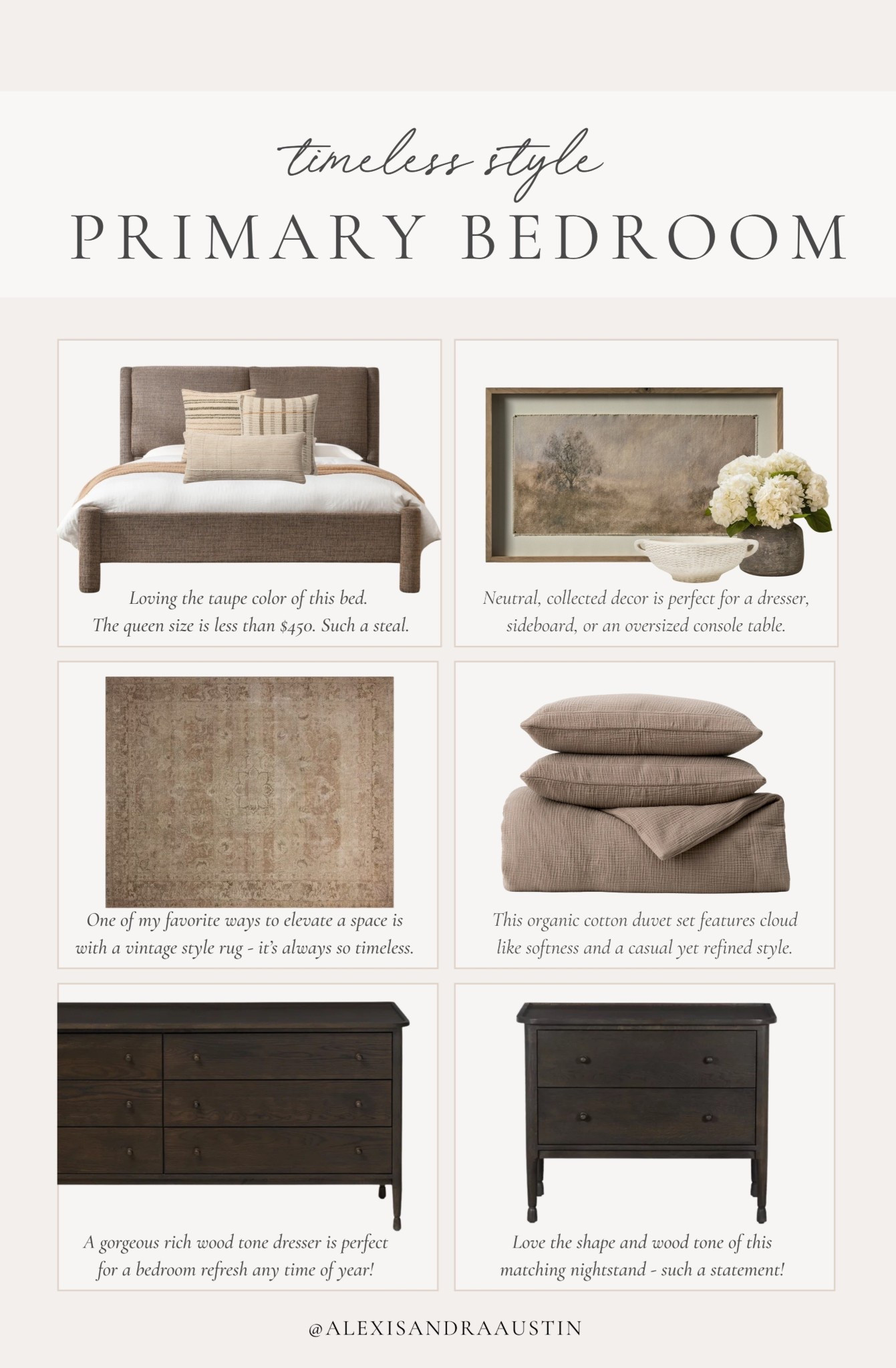 Timeless style in the primary bedroom! Leaning into classic neutral colors, rich wood tones, and a touch of collected decor to create an inviting and cozy space for any season.

Home finds, neutral home inspo, collected style, neutral decor, furniture favorites, rich wood tones, upholstered bed frame, vintage style rug, dresser details, nightstand faves, canvas art, cozy duvet set, rich brown tones, spring refresh, Wayfair, Birch Lane, Joon Loloi, Afloral, Boll & Branch, shop the look!

#LTKSeasonal #LTKHome