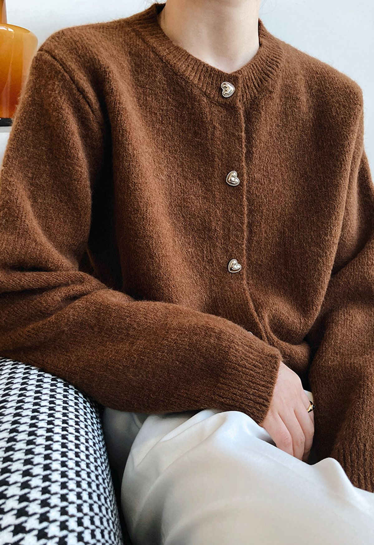 Heart-Shape Button Cropped Knit Cardigan in Brown | Chicwish