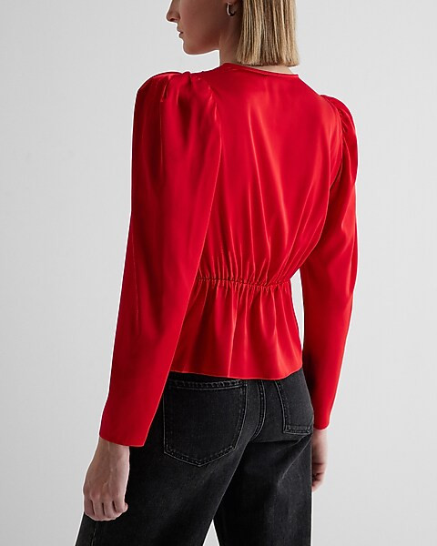 Satin Puff Shoulder Draped Faux Wrap Peplum Top | Express