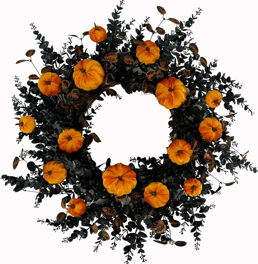 WreathDream 22" Halloween Wreath for Front Door Halloween Door Wreath with Pumpkins,Bronze and Black eucalptus Leaves for Front Door Indoor Outdoor Farmhouse Home Wall Window Festival Wedding Decor | Amazon (US)