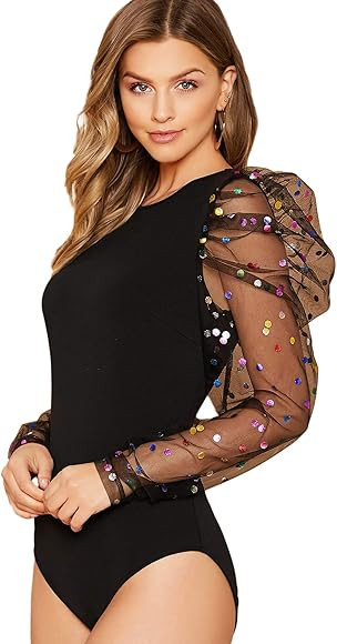 WDIRARA Women's Polka Dots Sheer Dobby Mesh Square Neck Long Sleeve Skinny Bodysuit | Amazon (US)